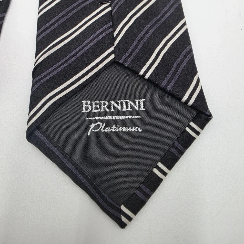 Bernini Platinum Silk Necktie Black White Grey Diagonal Stripe Hand Made NWT